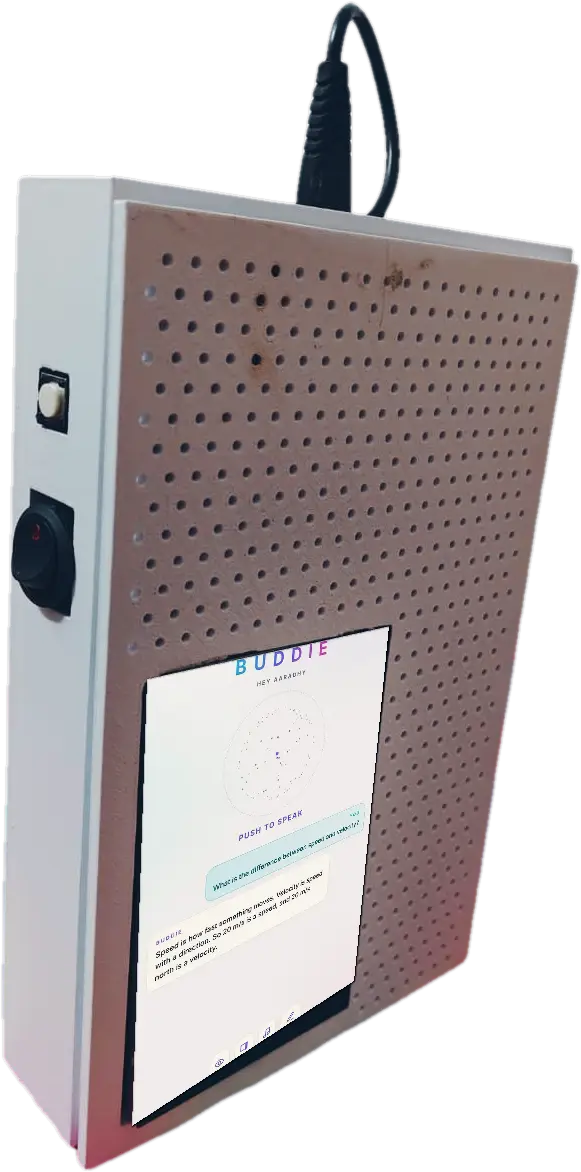 The real Buddie from the side: perforated white case, rocker switch, push-to-talk button, screen on
