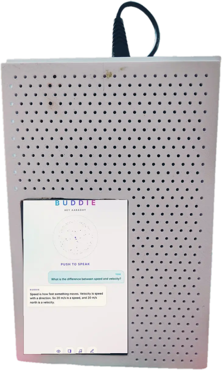 The real Buddie: a white perforated box with its screen on
