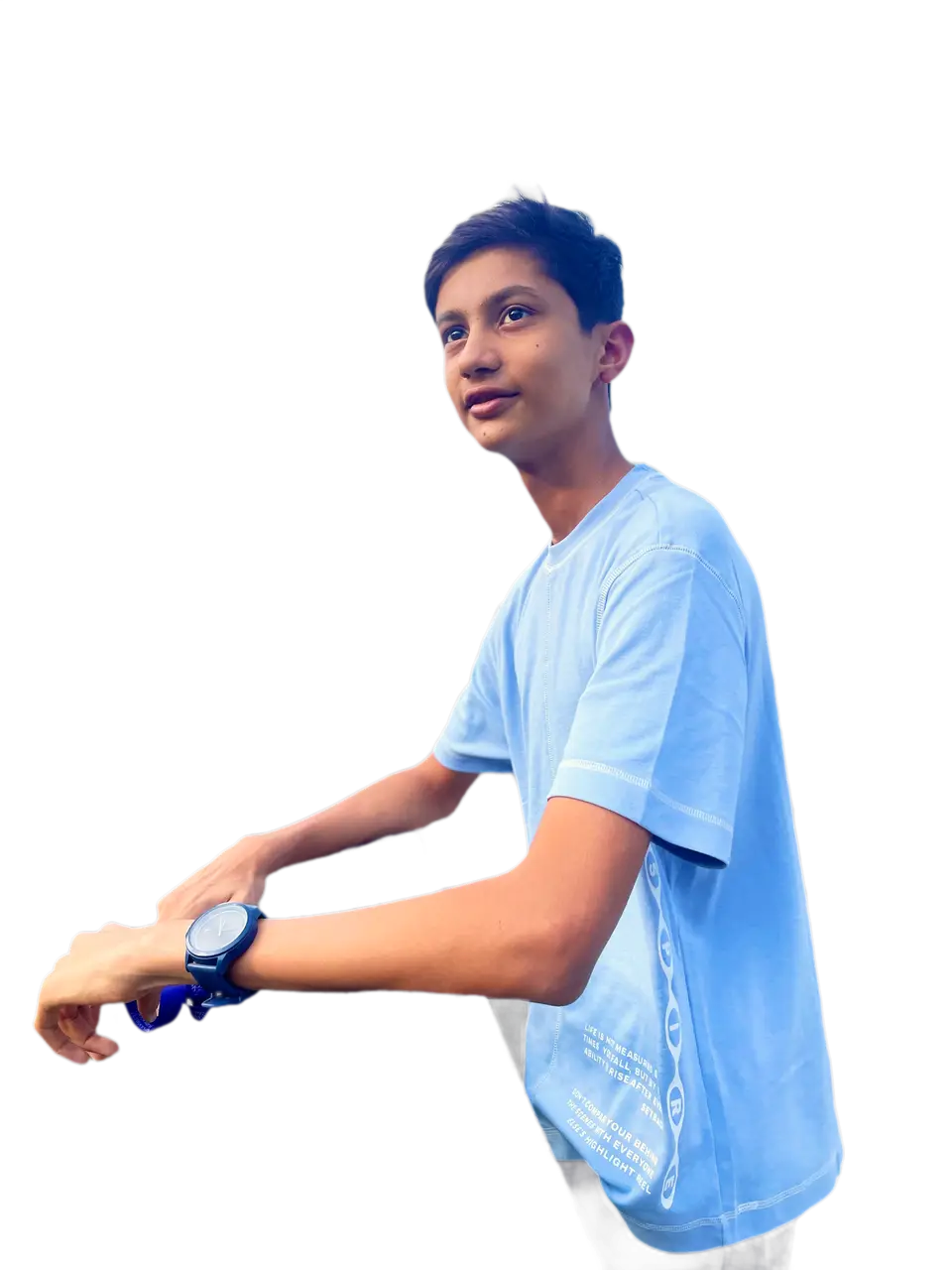 Aaradhy Badjatya in a light-blue t-shirt, leaning forward and looking up