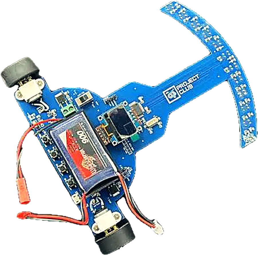 The real line-follower: a blue PCB with a curved sensor arc, two wheels, an OLED screen and a Li-Po battery