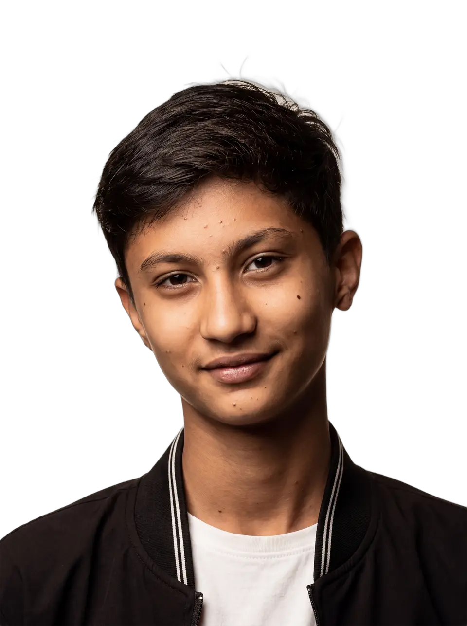 Aaradhy in a black bomber jacket over a white t-shirt, half-smiling