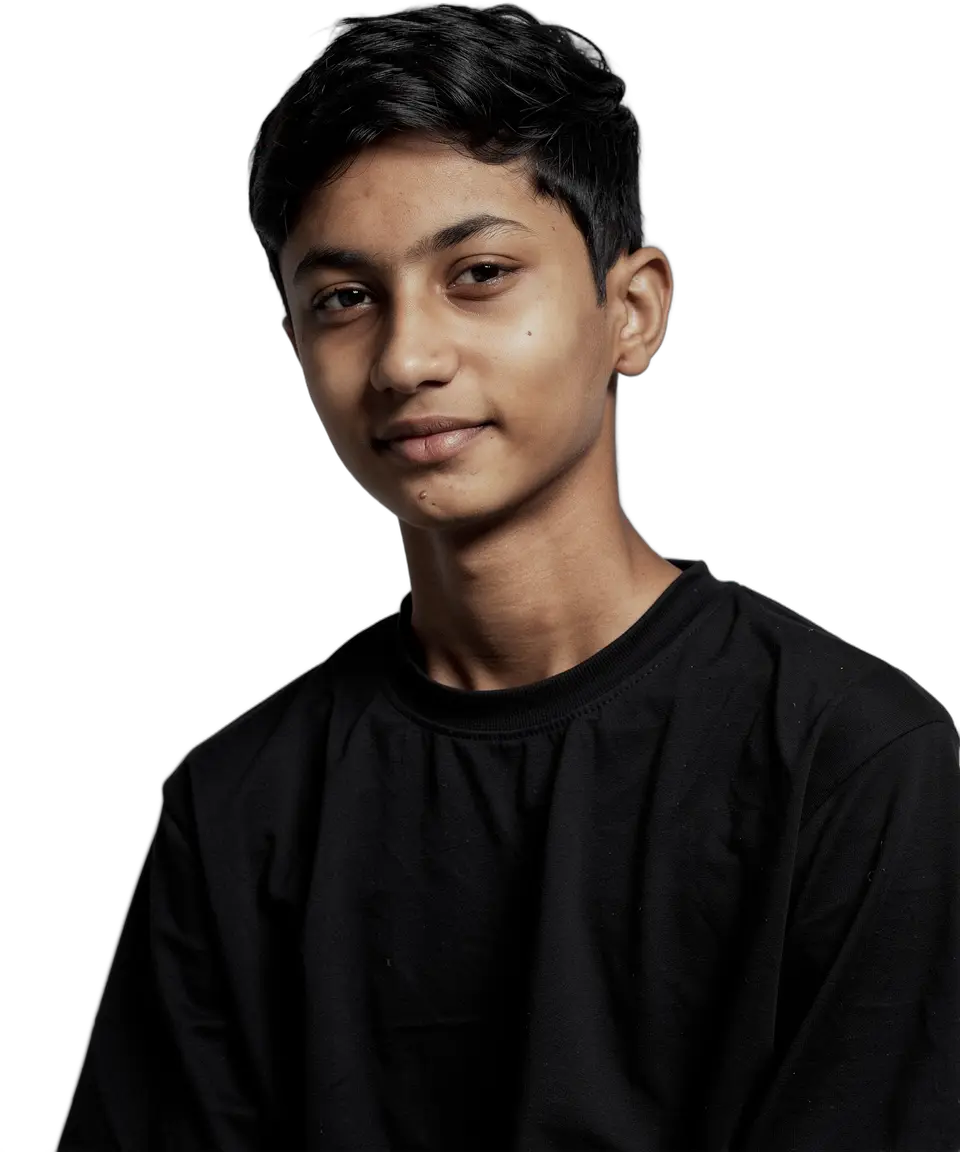 Aaradhy smiling, head slightly tilted, black t-shirt